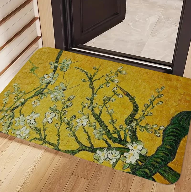 Tappetino da ingresso in stile Van Gogh con fiori di mandorla gialli impressionisti, per ingresso, soggiorno, camera da letto, decorazione artistica per la casa