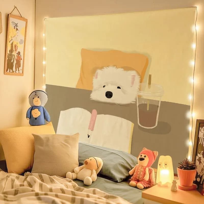 VIKAMA Cartoon Dog Sfondo carino Panno Ins Style Decorazione della stanza Arazzo Dormitorio Noleggio Parete della stanza Sfondo di stoffa Decor