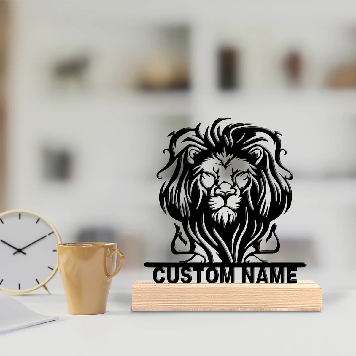 Articolo rustico personalizzato: Leone moderno con base in ferro e legno, decorazione d'interni, regalo con base in legno per i propri cari, perfetto per b