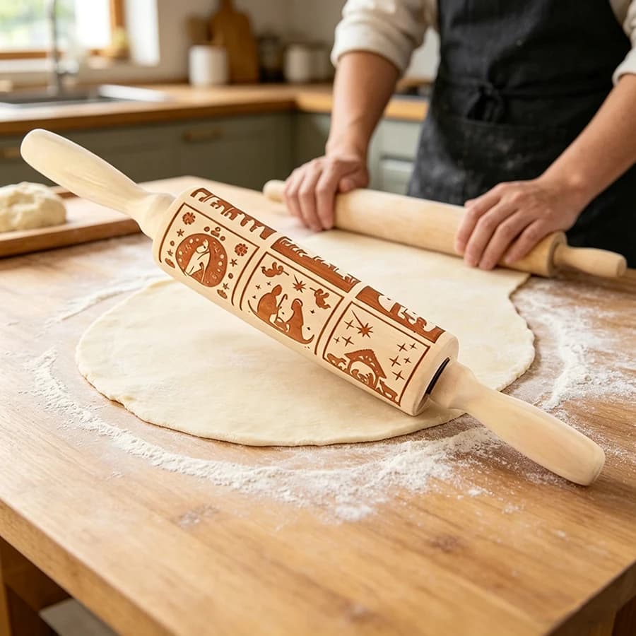 Mattarello in Legno Inciso al Laser con Motivi Natalizi e a Forma di Vite - Utensile da Cucina in Legno Naturale per Biscotti Natalizi, Ringraziamento, Natale.