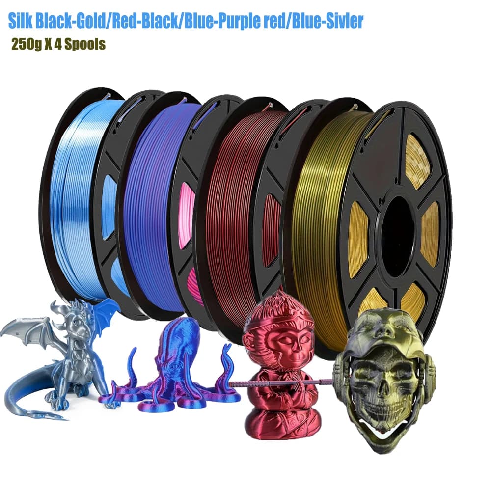 Filament for 1.75 mm bicolor 3D printer, silk PLA, silk Black-Gold/Red-Nero/Blu-Viola rosso/Blu-Sivler, 250 g X 4 reels