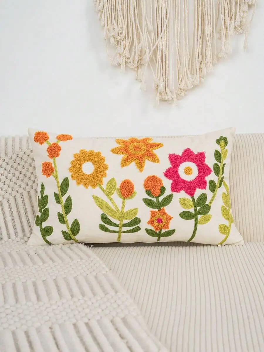 Floral Embroidered Decorative Pillow Cover For Living Room Sofa Bed