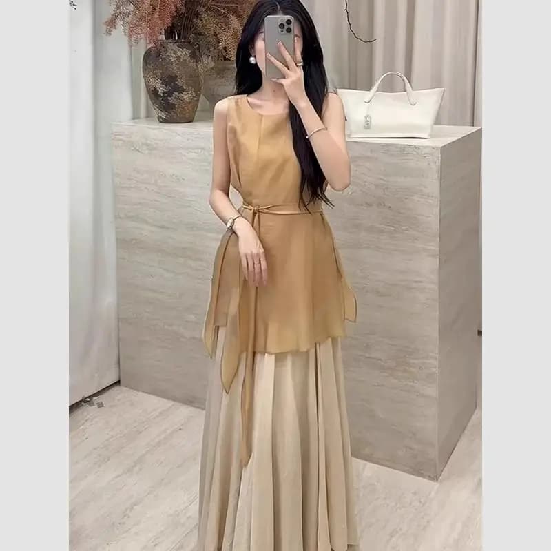 New Luxury Small Scented Two Pieces Women's Set Summer Fashion Sleeveless Blouse with Laces Top + Long Trapeze Skirt Elegant Dress