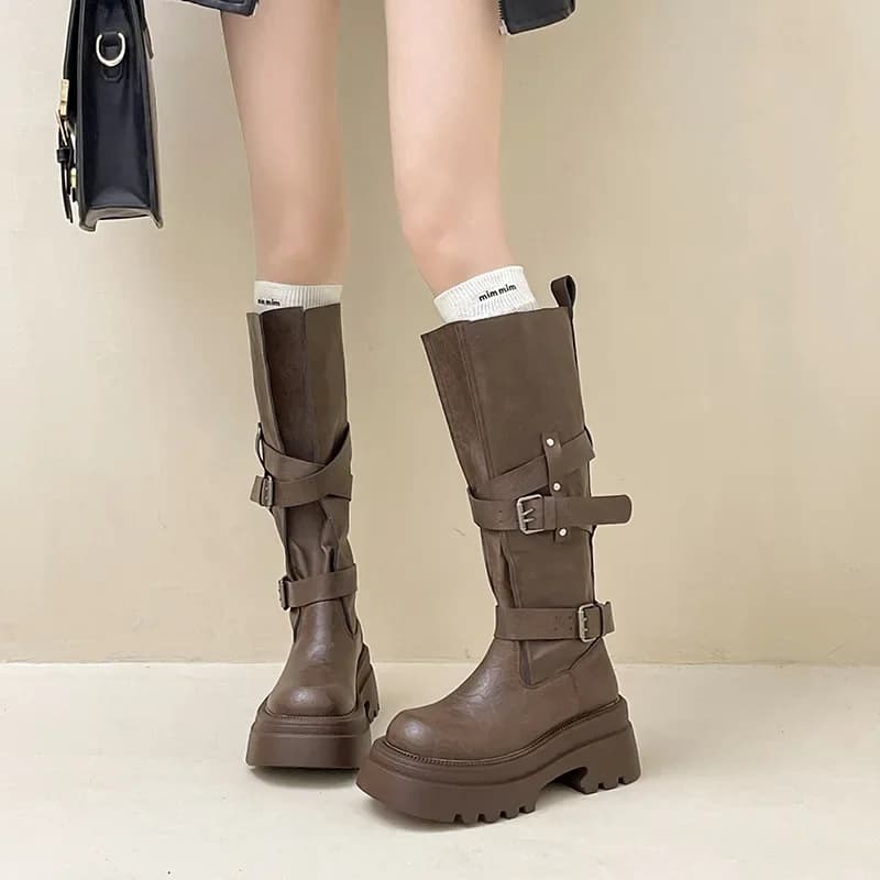 2025 New Fashion Platform Women's Knight High Boots Fashion Belt Buckle Shoes with thick sole Woman Slip on Modern Long Botas