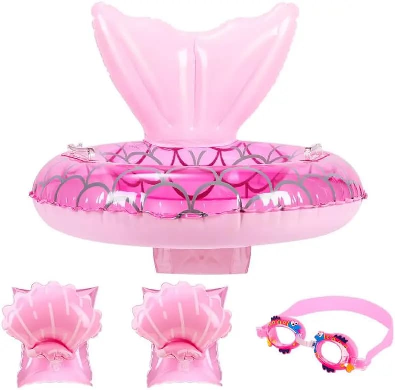 Set Galleggiante per Piscina a Tema Sirena in 3 Pezzi con Galleggiante Gonfiabile per Neonati, Occhialini da Nuoto e Bracciali Galleggianti per l'Allenamento in Acqua dei Bambini