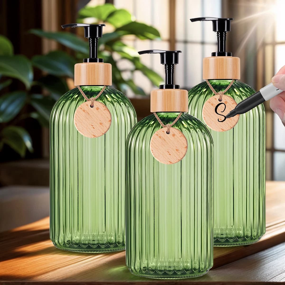 Bottiglie di sapone per doccia da bagno verdi con etichetta vuota Shampoo balsamo ricaricabile Contenitore per carrozzeria Bottiglia per decorazioni per la casa