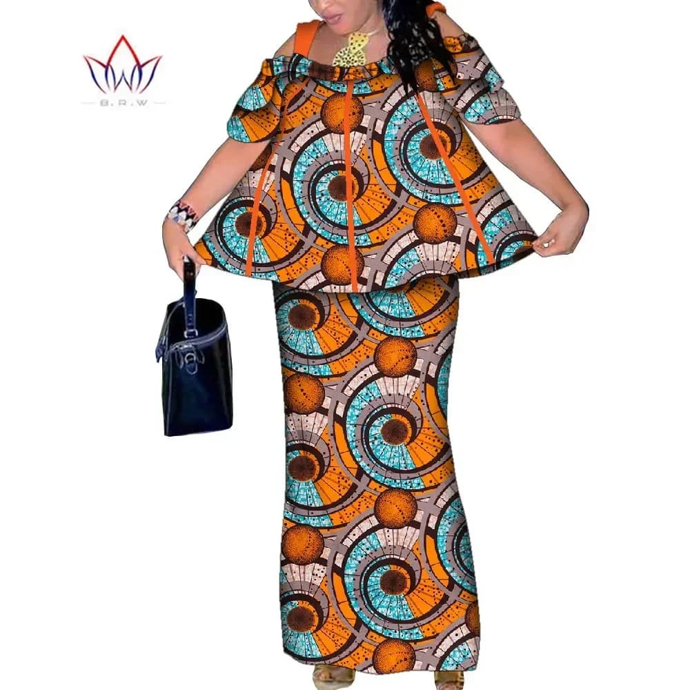 Set da 2 pezzi per donna africana Top con cinturino a maniche corte Gonna alla caviglia a sirena Set di gonne da festa per donna in stile africano Wy9669