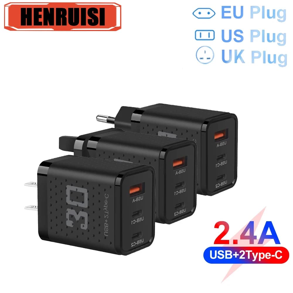 30W Dual PD USB Type C 3 Doors Charging Super Fast QC 3.0 EU/US/UK Plug Mobile Phone Adapter for iPhone 15 Xiaomi Samsung Huawei