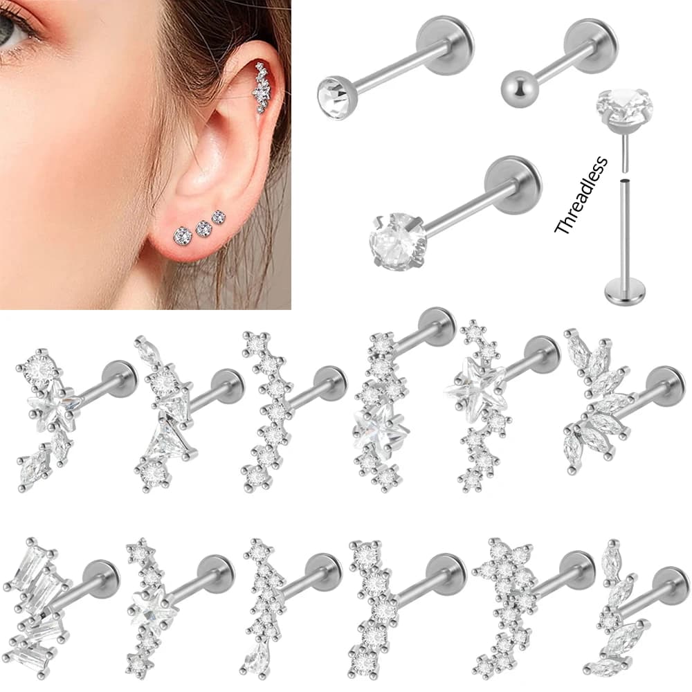 1PC Surgical Steel Zircon Labret Threadless Marquise Cz Lip Stud Ear Cartilage Tragus Helix Earring Daith Piercing Body Jewelry