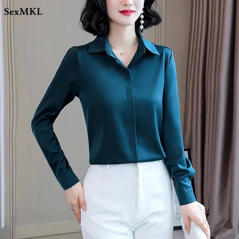 Women's Silk Office Shirt 2025 Fashion Long Sleeve Casual Top Women's Elegant Satin White Vintage Shirts Oversize Shirts