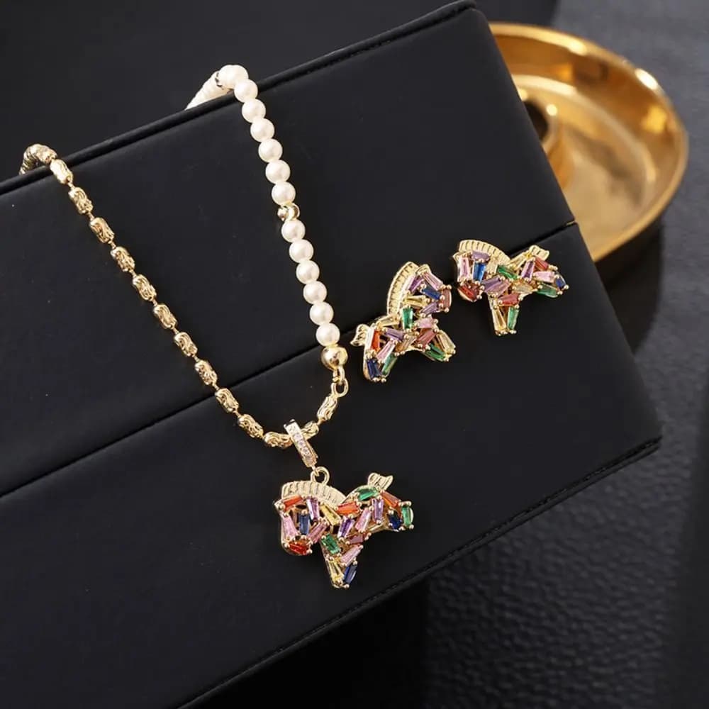 Set di Gioielli Cavallo in Rame con Strass, Portafortuna Capodanno, Stile Cinese, Carino
