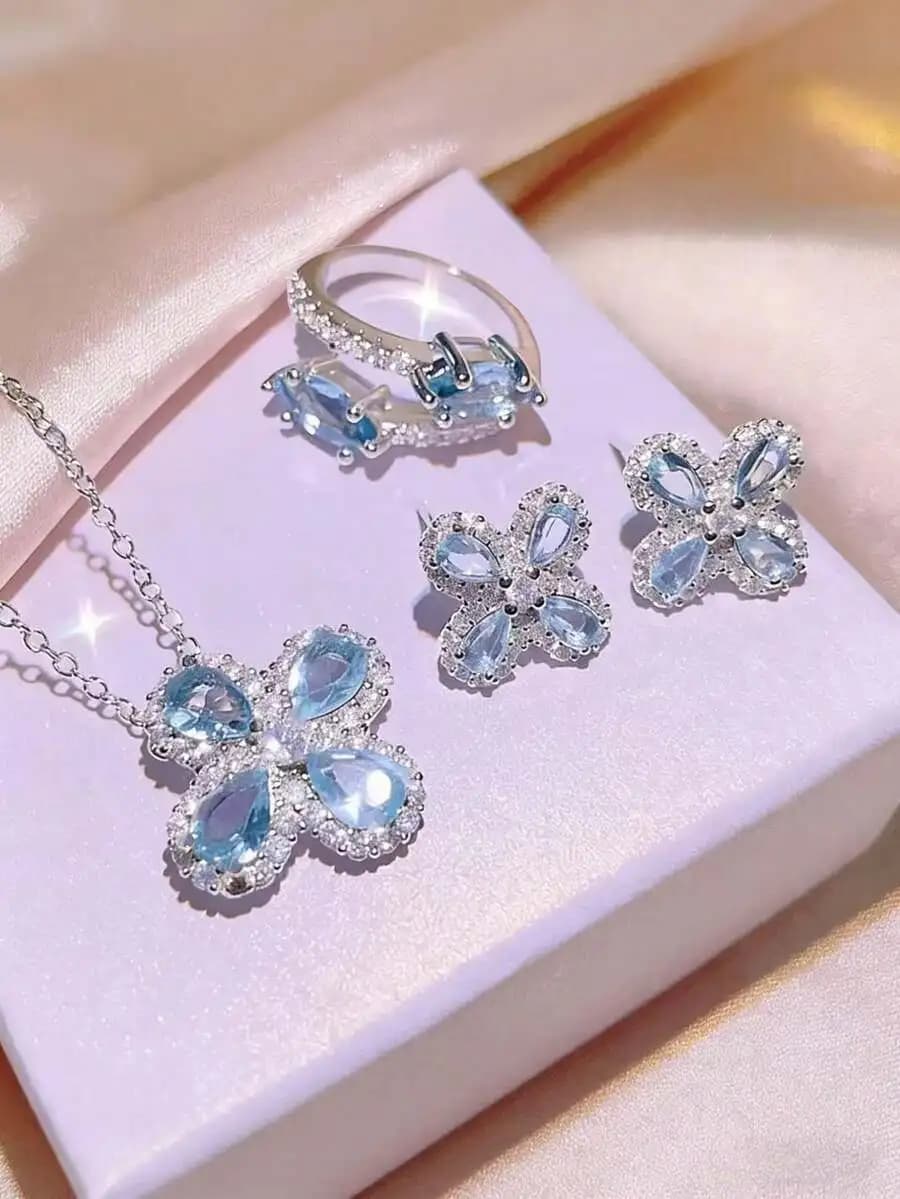 4pcs/Set Luxury Blue Geometric Necklace, Earrings, Ring Set, Suitable For Women's Daily Wear, Festivals, Anniversaries, Great Gi