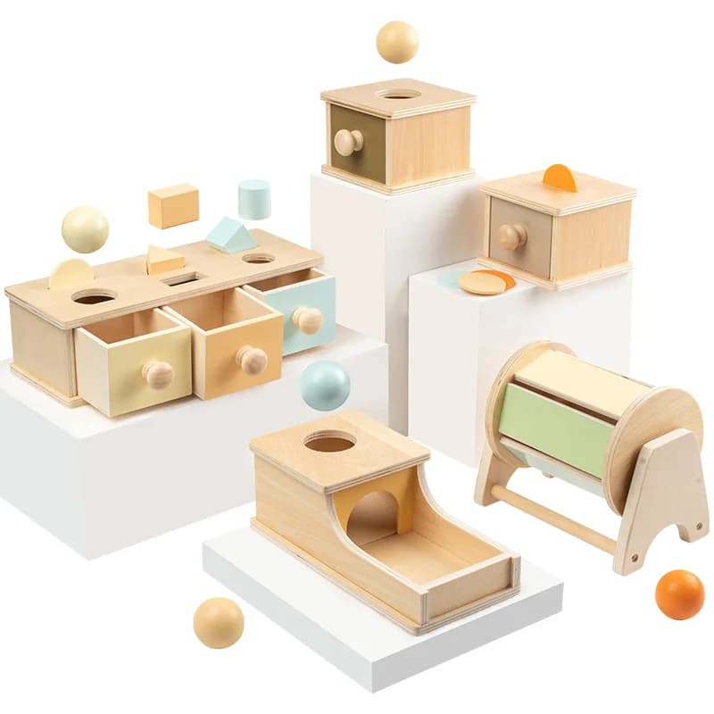 Montessori Giocattoli per l'educazione precoce del bambino Scatola per cassetti per monete da lancio in legno colorato Formazione del tamburo Sussidi didattici per logica sensoriale per bambini