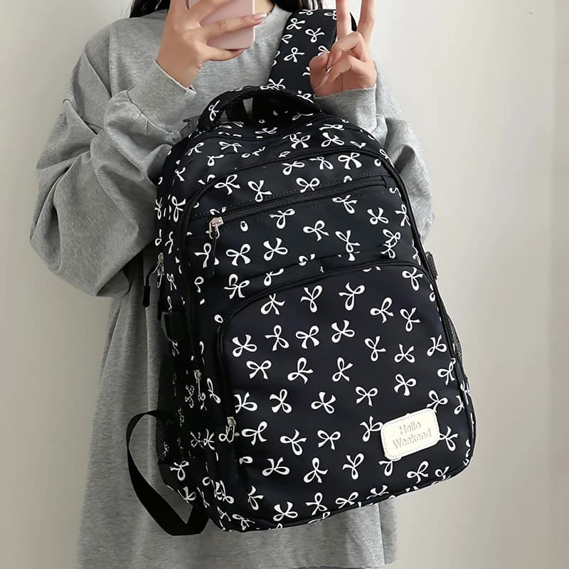 3Pcs Cute Bow Print Backpack with Sling Pack & Storage Bag Soft Nylon Shoulder Bag Large Capacity Stylish Laptop Rucksack