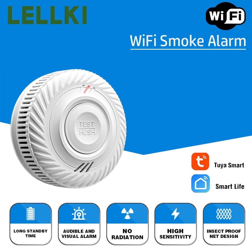 Rilevatore di Fumo WiFi LELLKI con Lunga Durata della Batteria, Protezione Antincendio, Allarme Sonoro 85DB, Sistema di Sicurezza, Controllo tramite App Tuya Smart Life