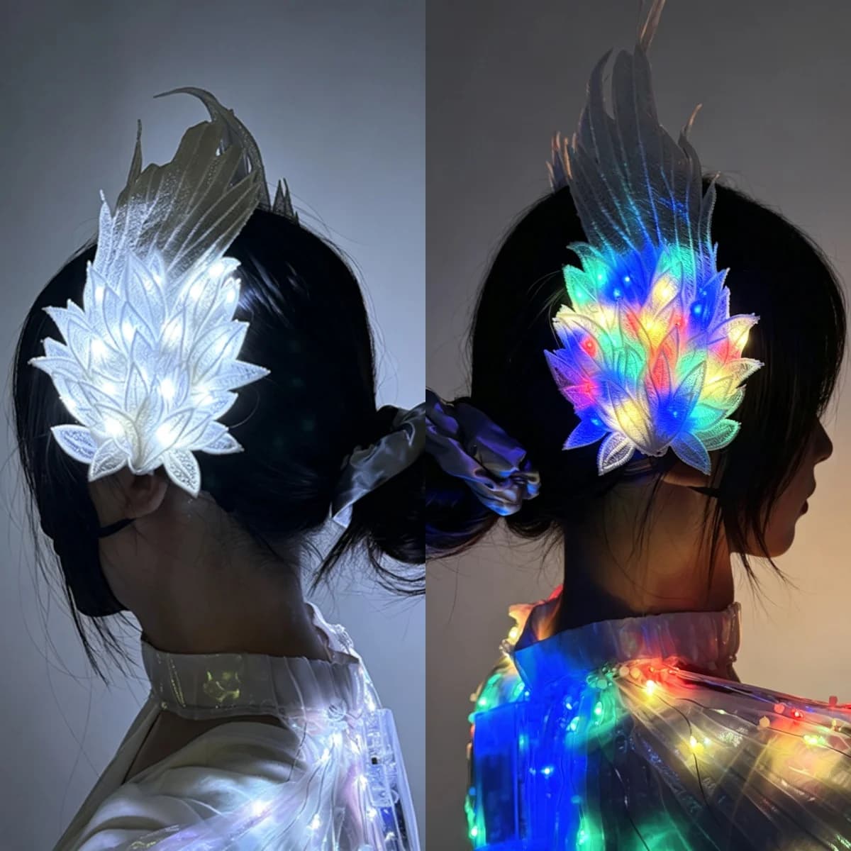 LED Light Up Feather Hair Clip Glowing Lace Flower Hair Barrette Elf Fairy Headwear Women Halloween Carnival Cosplay Costume