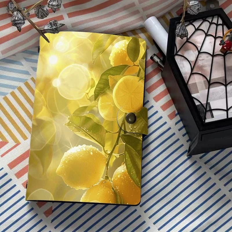 A6 Fresh Lemon Print PU Leather Notebook 6 Ring Binder Journal Yellow Fruit Pattern Planner Agenda Diary with Buckle Closure Sta