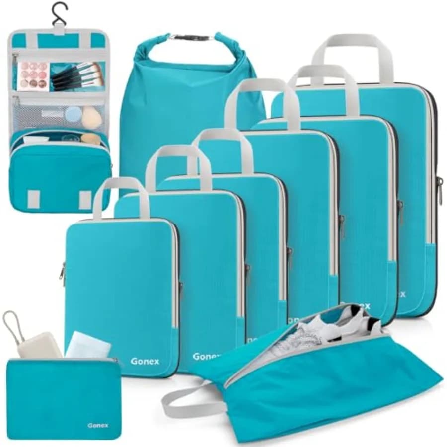Cubi di Compressione Espandibili per Valigie, Organizzatori per Bagagli con Borsa da Toilette Appendibile e Borsa per Bucato