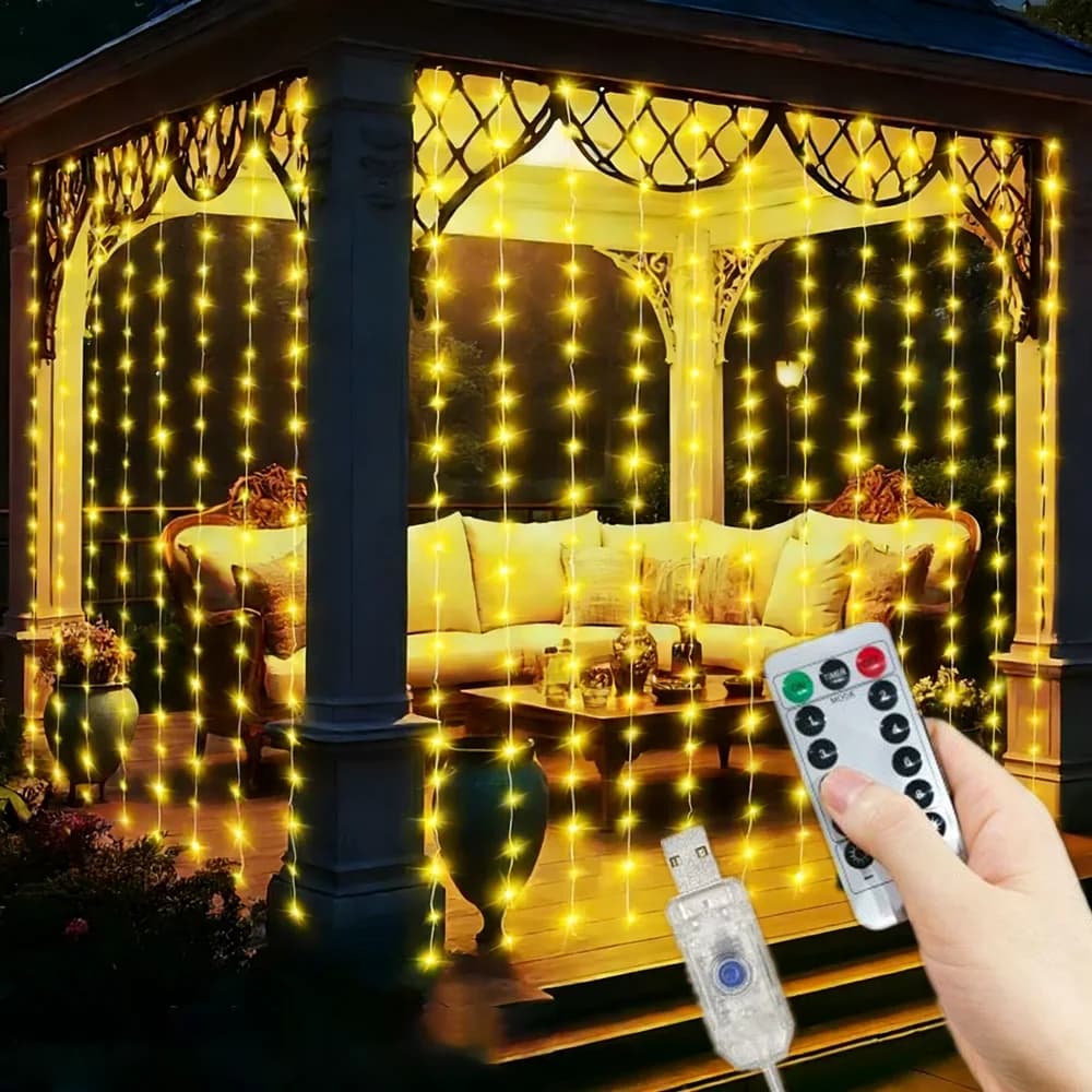 Luci a LED a tenda con telecomando, 8 modalità, USB, per decorazioni natalizie, matrimoni, feste, camera da letto e casa