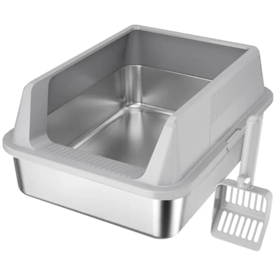 Stainless Steel Litter Box for Kitty, Small Metal Cat Litter Tray with Non-Slip Pads, Anti-Leakage Top Entry and High Sided, Ea