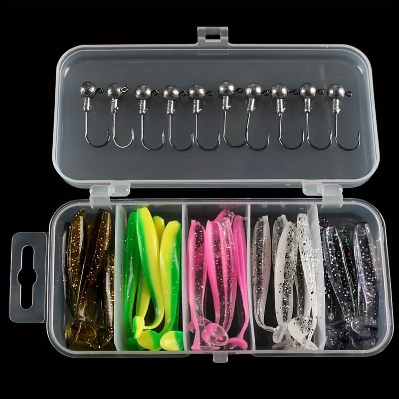 Set di 35 esche da pesca con esca morbida con amo in piombo, attrezzatura da pesca in plastica morbida, attrezzatura da pesca, set di esche morbide da pesca