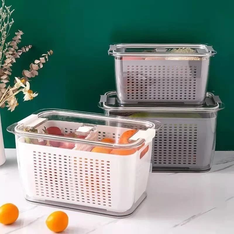 Contenitore per Conservazione in Frigorifero con Cestello di Drenaggio, Scatola Sigillata per Verdura e Frutta, Contenitore Drenante per Alimenti, Utensili da Cucina