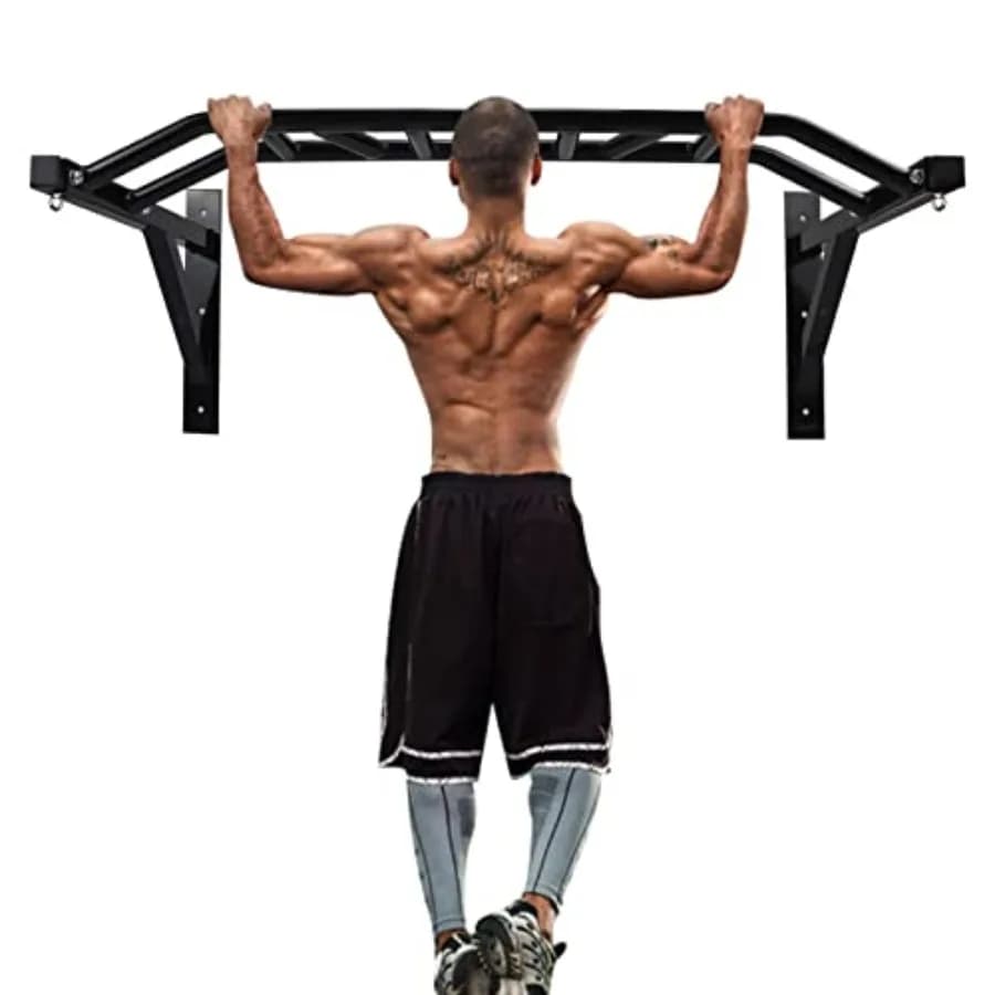 Home gym wall-mounted pull-up bar with multi-grip chin-up and dip station, heavy-duty steel, black, supports up to 440 lbs