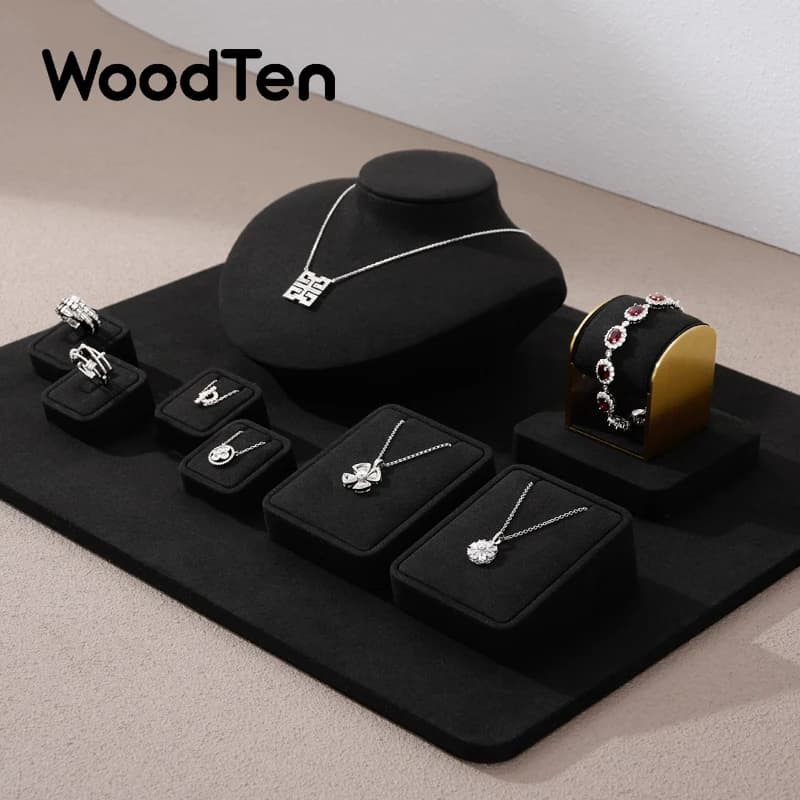 WoodTen Espositore per gioielli in microfibra nera per bracciali ad anello Ritratto Collane sul petto Espositore per gioielli Mostra in negozio