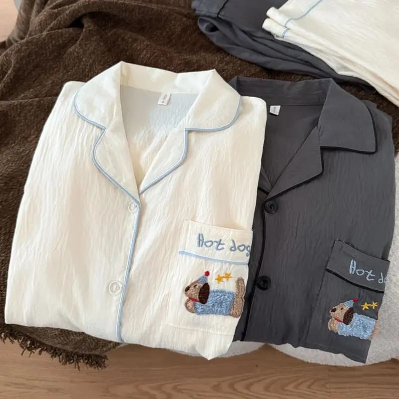 Embroidery Dog Letter Vintage couple set Pyjama 2 Piece Suit Plus Size Casual Soft Pajamas Set Spring New Vintage Sleepwear