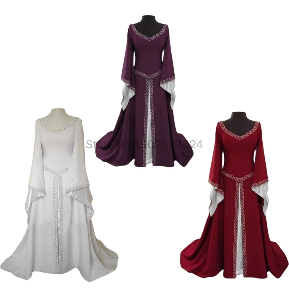 Abito lungo da sposa bianco rinascimentale medievale da donna, regina celtica, costume cosplay Victoria, colletto quadrato, maxi abito