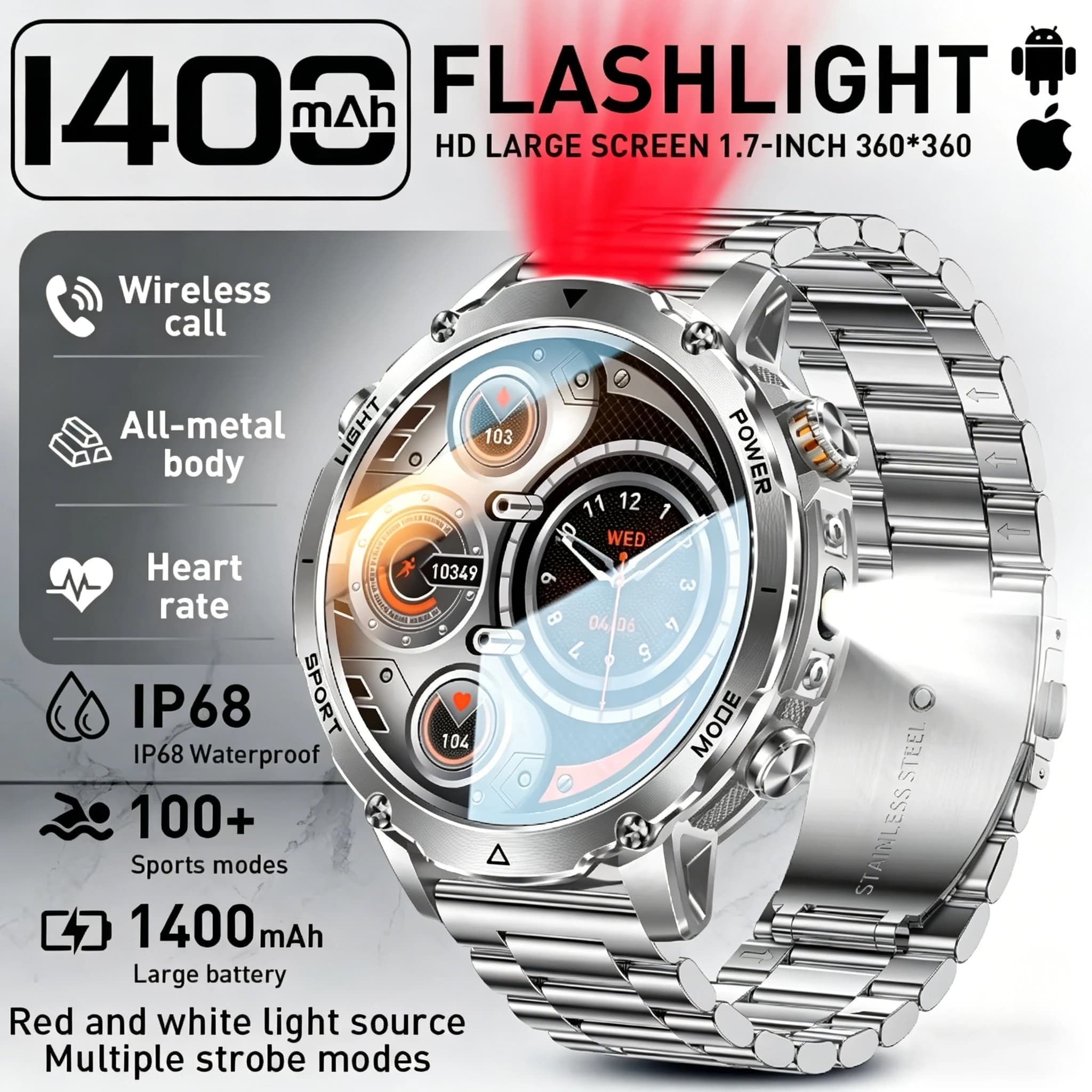 Nuovo Smartwatch Militare 2026 per Uomo, Compatibile con Xiaomi Amazfit, Batteria da 1400mAh, Fitness, Sport, GPS, Chiamate Bluetooth, Torcia