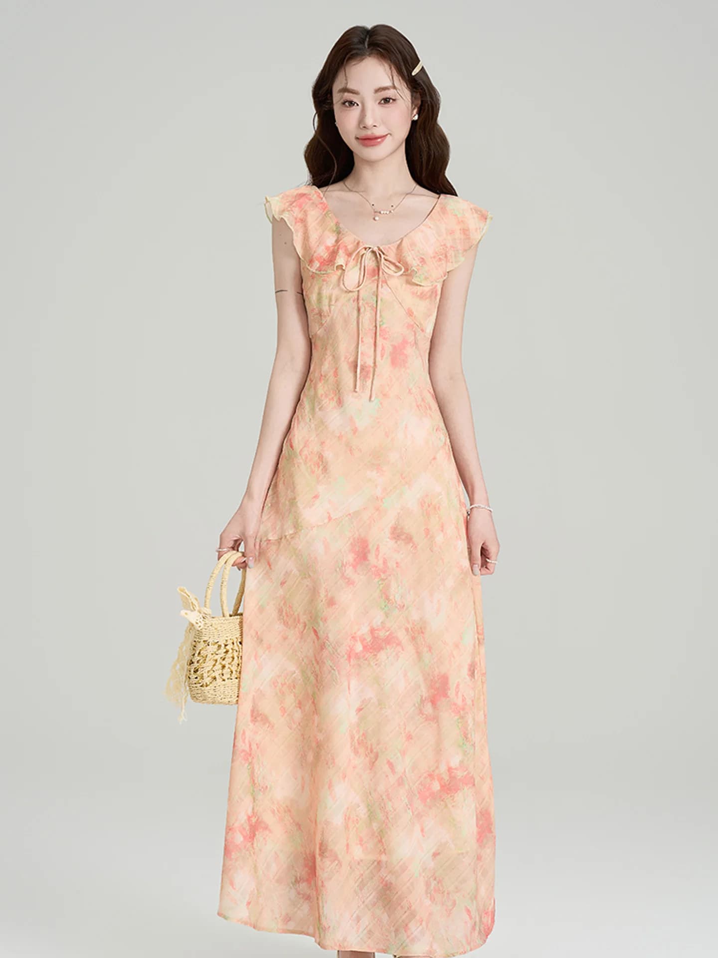 Summer New Gentle Elegant Floral Print Dress Tea Break Beautiful Small Flying Sleeve Long Dress Soft A-Line Silhouette V-Neck...