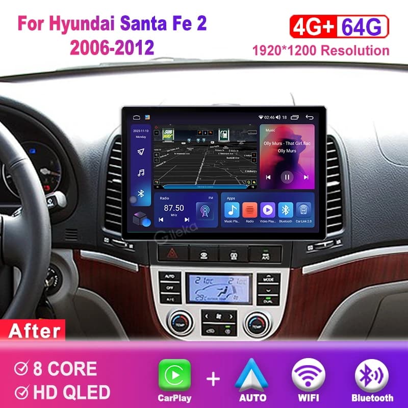 12.5 inch Screen Carplay For Hyundai Santa Fe 2006-2012 Car Radio Android Auto Multimedia Player GPS WiFi Head Unit