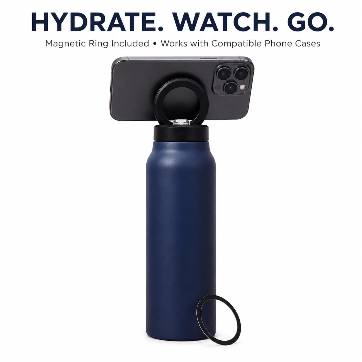 Magnetic Phone Holder Water Bottle 700ml with Ring for Phone Cases, Adjustable 304 Stainless Steel Straw Bottle for Gym Travel