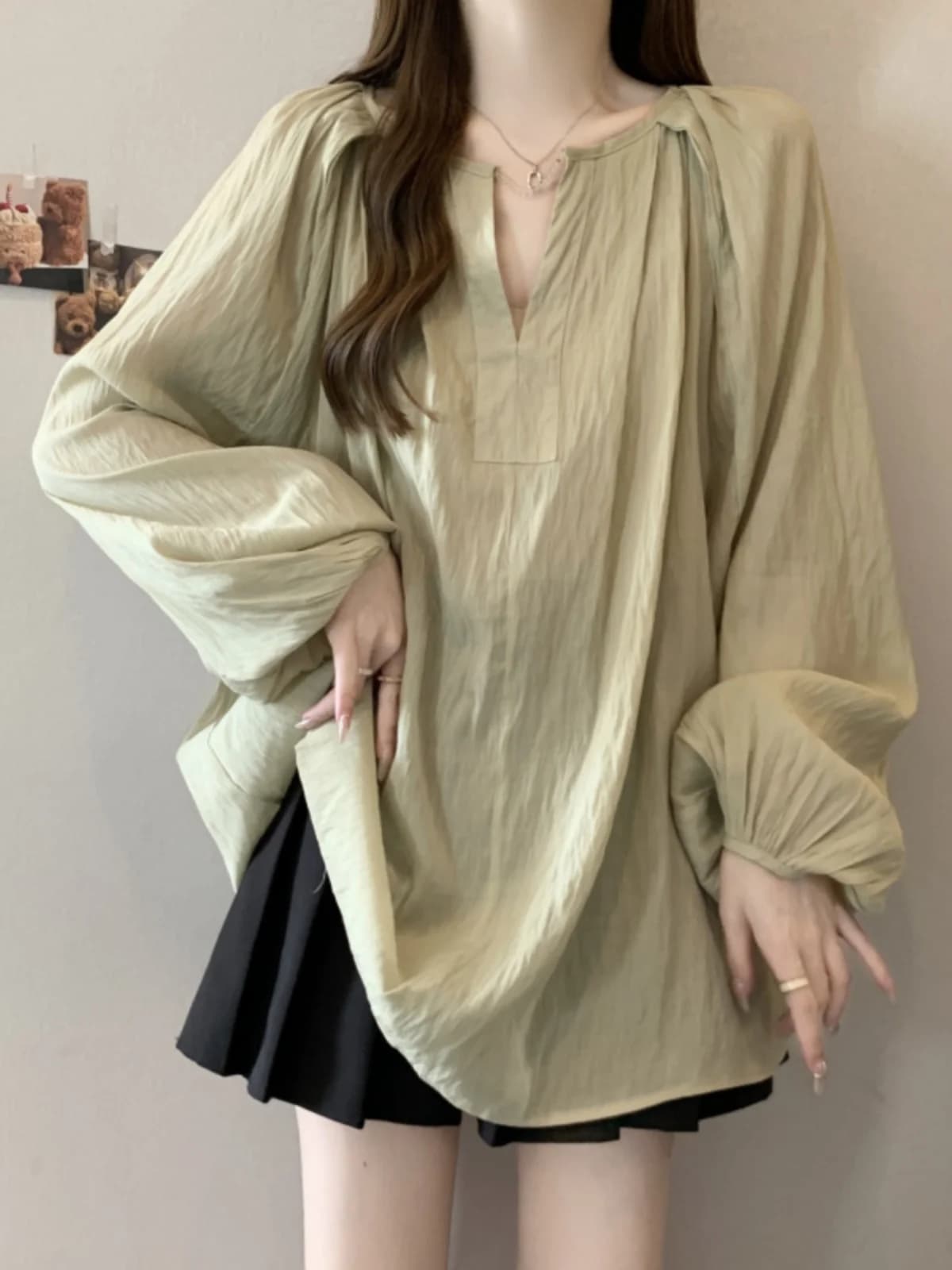 Loose Lantern Sleeve V-Neck Chiffon Shirt Women's Style Spring Autumn plus Size Conceals Belly Slimming Top Korean Style