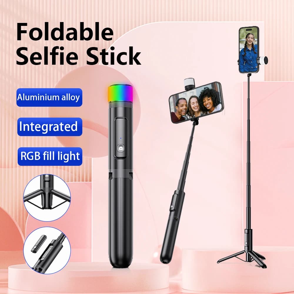Bastone selfie portatile all-in-one con treppiede nascosto, impugnatura estensibile, luce di riempimento e funzione anti-vibrazione per la fotografia del telefono cellulare