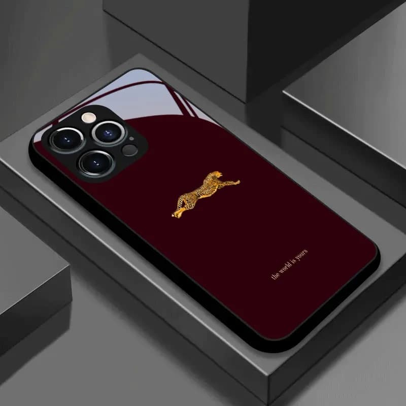 Custodia per telefono in vetro temperato nero con motivo leopardo rosso vino per Samsung Galaxy S25 S24 S23 Ultra Plus FE Cover
