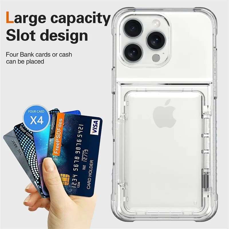 Transparent 4 Card Slots Credit Card Holder Shockproof Phone Case Cover for iPhone 17 Air 16E 16 15 14 13 12 11 Pro Max