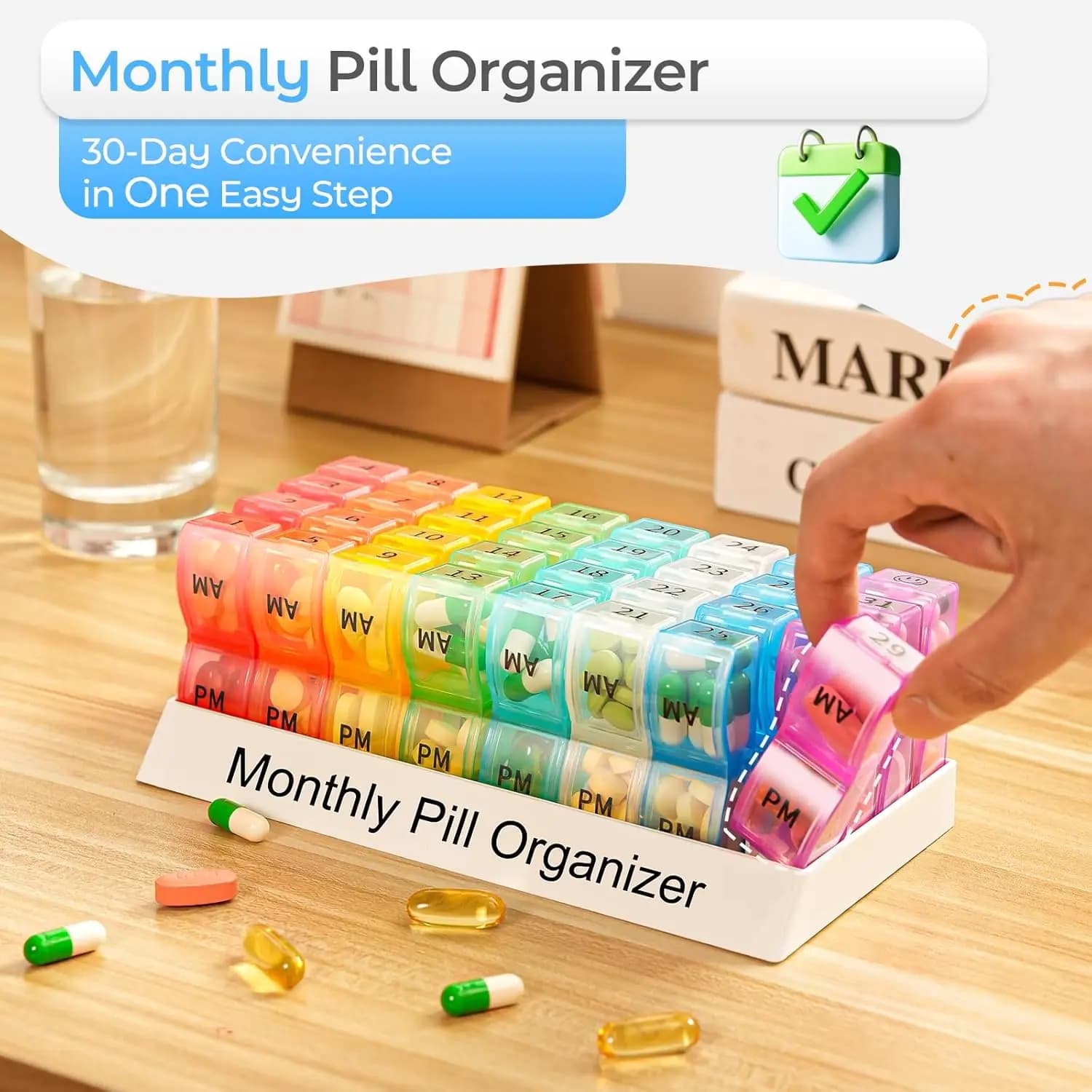 Daviky Monthly Pill Organizer 2 Times a Day, one Month Pill Box AM PM, 30 Day Pill Case Small Compartments to Hold Vitamin