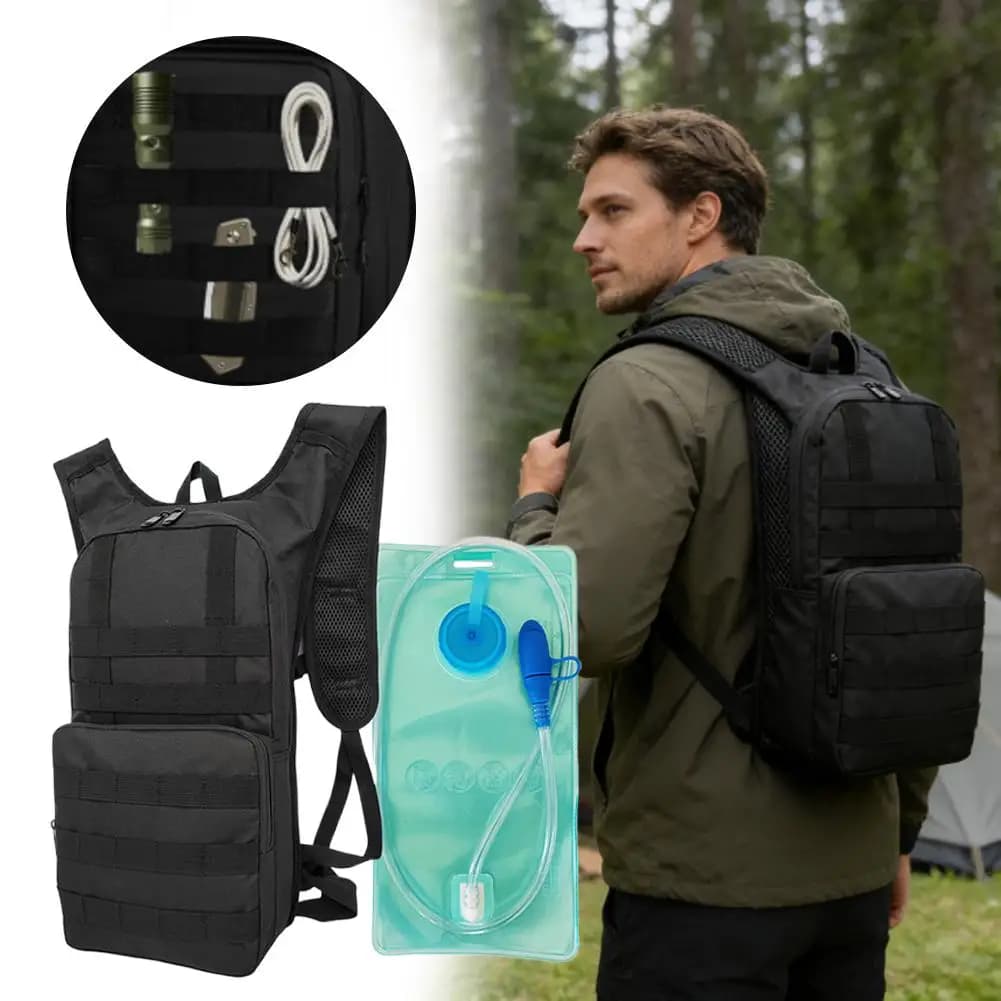 Black Versatile Backpack Waterproof with Dust Cover 2L, Breathable Hydrating Bag in Oxford Fabric with Large Pocket