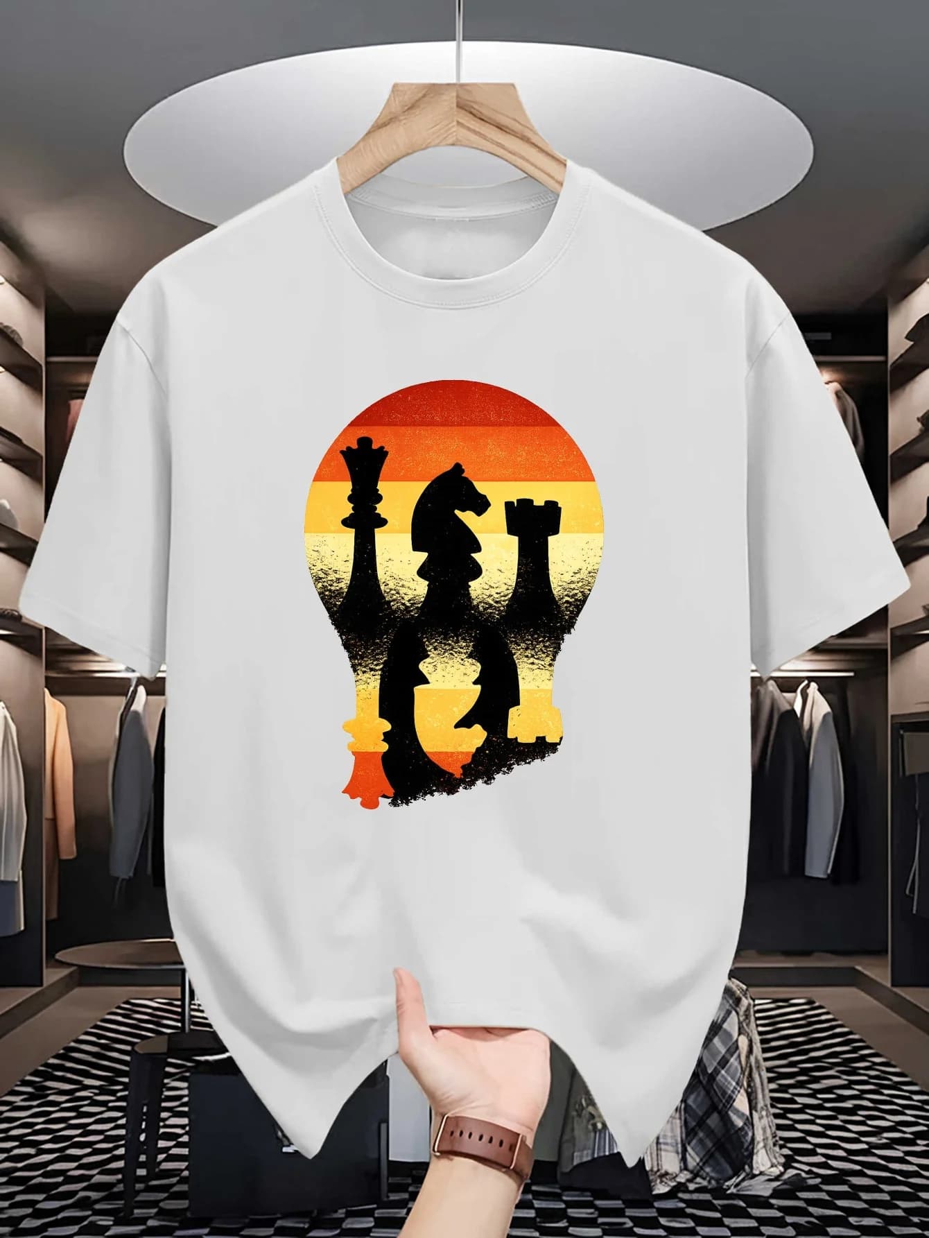 Chess Silhouette Sunset Lightbulb Print Mens Crew Neck T Shirt Vintage Board Game Graphic Short Sleeve Casual Cotton Daily Tops