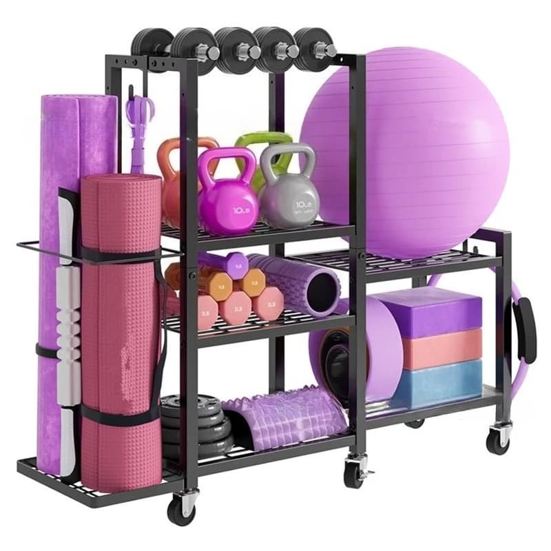 Porta manubri e tappetini yoga, scaffale porta attrezzature da palestra per casa, ripiano rimovibile con ganci