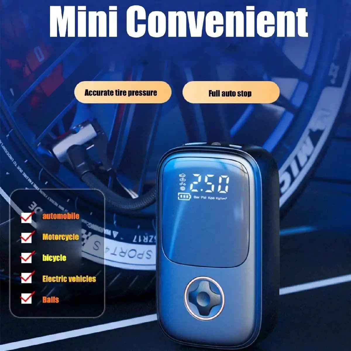 Compressore d'aria elettrico portatile senza fili con display digitale, pompa per pneumatici ricaricabile per gonfiatore d'aria per auto/moto/bicicletta/auto da bicicletta