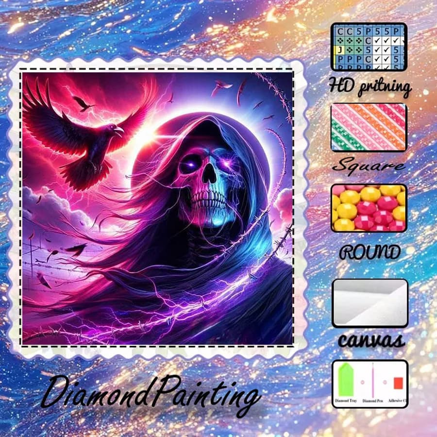 1 pezzo - 5D-DIY - Tessuto floccato - Trapano speciale - Set per pittura con diamanti - Teschio, corvo - Mosaico - Arte con diamanti