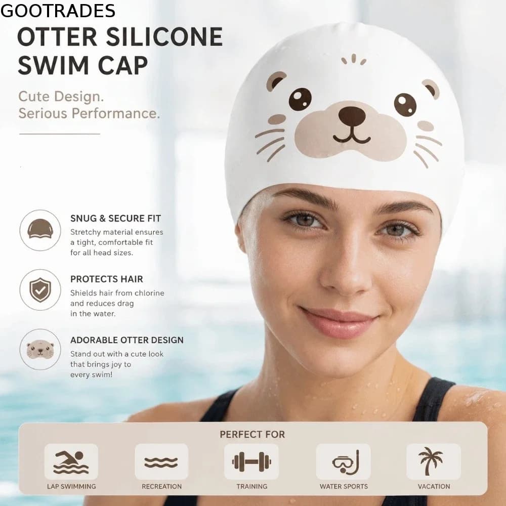 Swim Head Hood Creative Swimming Hat Funny Sea Otter Pattern Bathing Caps Waterproof Anti Slip Silicone Swim Cap Protecting Hair