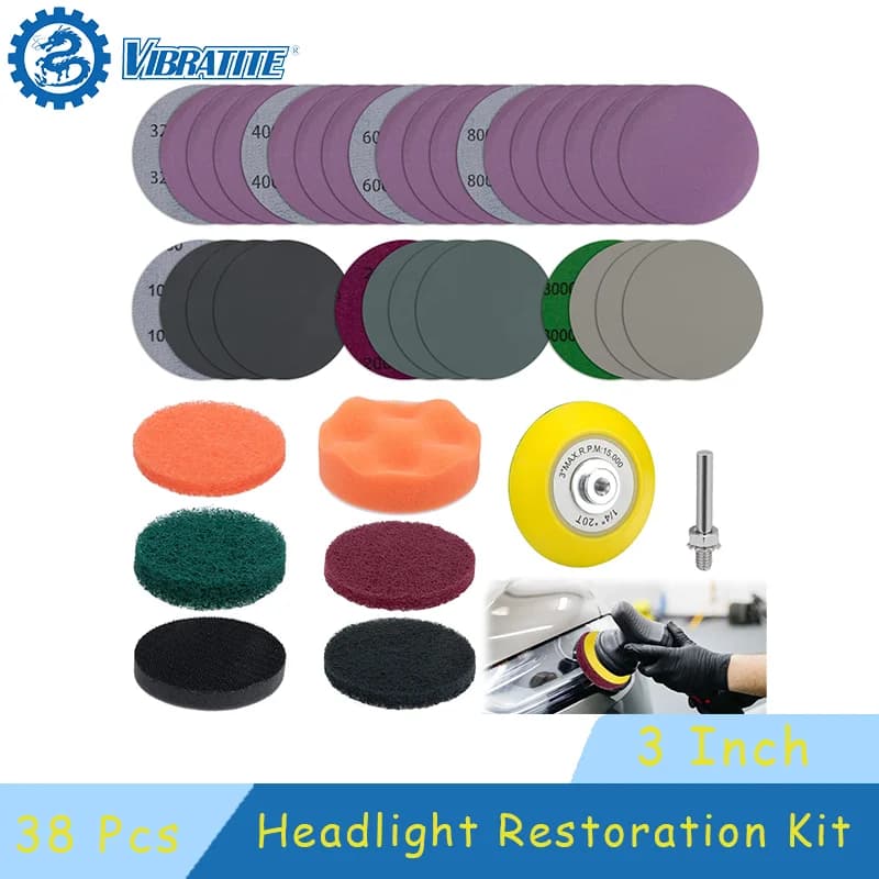 38-inch car headlight repair kit with abrasive discs, abrasive pads, polishing sponge pads suitable for car cleaning