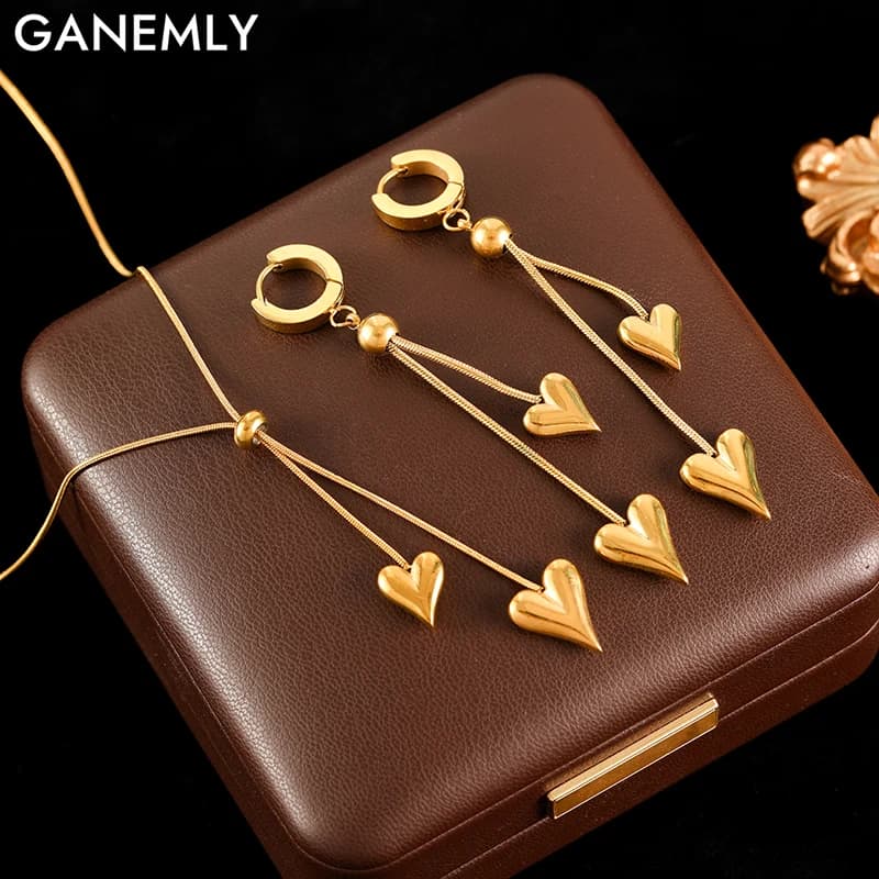 GANEMLY 316L Stainless Steel Gold Color Heart Love Dangle Necklace Earrings Set For Women Fashion Waterproof Jewelry Set Gift