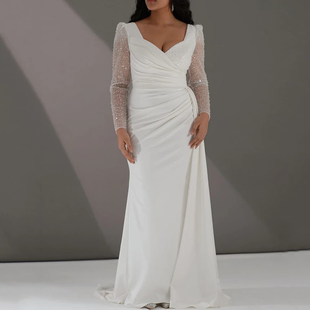 Abito da sposa moderno a pieghe lungo fino al pavimento Illusion paillettes pizzo maniche lunghe scollo a v a-line abiti da sposa senza schienale personalizzati