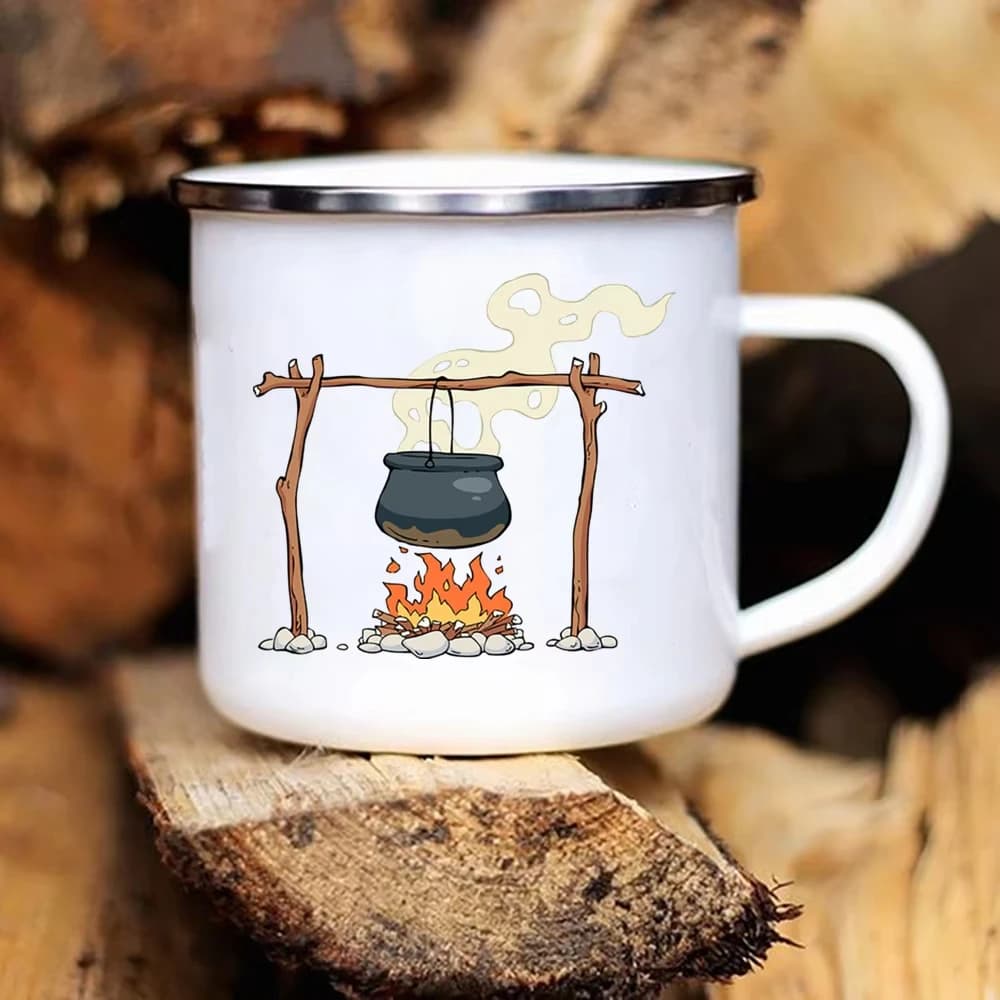 Tazze Smaltate da Campeggio con Stampa Caravan, Tazza per Birra e Succhi, Bicchieri con Manico a Tema Montagna, Regali per Campeggiatori