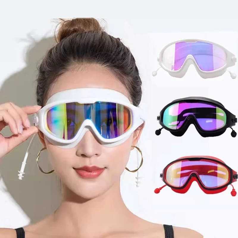 Occhialini da nuoto ad alta definizione impermeabili con montatura grande per bambini/adulti con tappi per le orecchie/pulenti di sicurezza per lo schermo